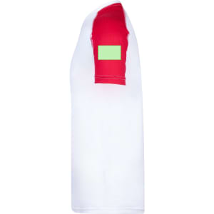 A short-sleeved adult T-shirt in white with red shoulder panels and a green patch. It features a logo on the front.