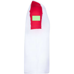 A white adult T-shirt with red accents on the sleeves and a small logo on one sleeve.