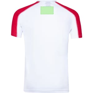 A white adult T-shirt with red sleeves and a blank area on the back for branding.