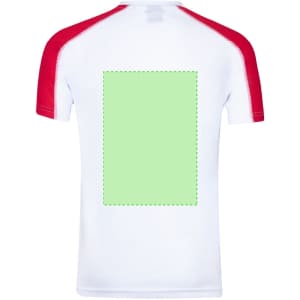 A short-sleeved adult T-shirt with a white body and red sleeves, featuring a blank green area on the back.