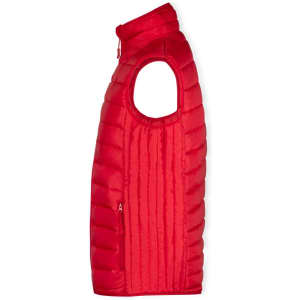 A red padded vest with a zip, featuring an armhole design and a side pocket.