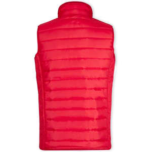 A red puffer vest with a high collar, featuring a quilted design and a logo.