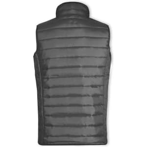 A black puffer vest with a high collar, featuring horizontal stitching and a logo on the back.