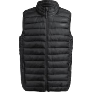 A black padded vest featuring a zip front and high collar, with a logo on one side.