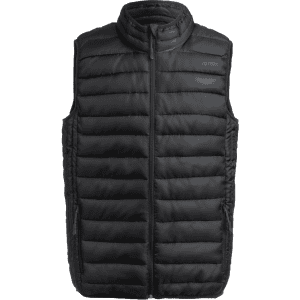 A black puffer vest with a high collar and quilted design, featuring a zip front and a logo.
