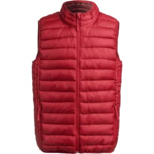 A red padded vest featuring a high neck and front zipper, with side pockets and a logo.