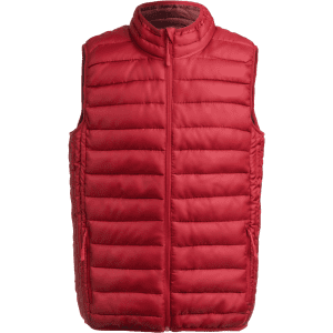 A red padded vest with a high collar and side pockets. It features a branding logo on the front.