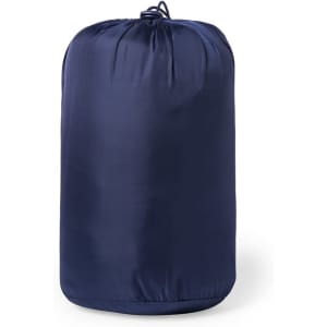 A navy drawstring bag made of smooth material, featuring a gathered top for closure and containing no visible branding.