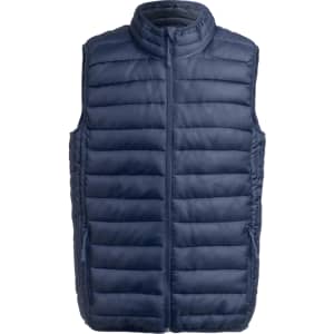 A navy insulated vest with a zip front and quilted design, featuring a collar and no sleeves.