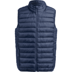 A navy blue puffer vest featuring a high collar and a full front zip, with a subtle branding logo.