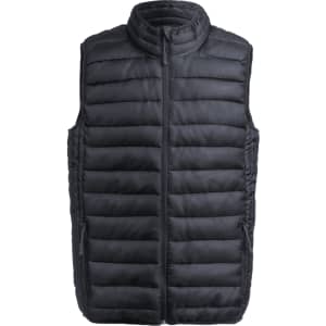 A black padded vest with a high collar and zip closure, featuring a logo on it.