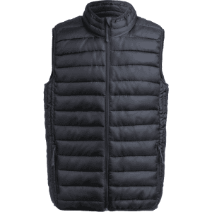 A dark navy puffer vest with a high collar and a zip front, featuring a quilted design.