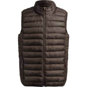 A brown puffer vest with a high collar and zip front. It features quilted detailing and has a logo.