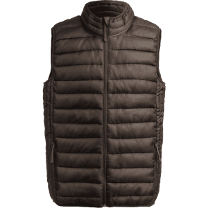 A brown padded vest with a high collar and a zip front, featuring a logo.