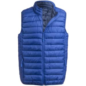 A blue padded vest featuring a zip front and two side pockets, also includes a logo on the front.