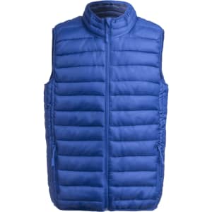 A blue puffer vest with a collar and zip front, featuring side pockets. It has a logo on the front.
