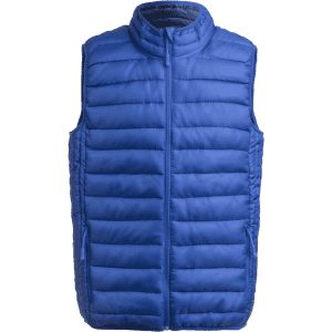 A blue puffy vest featuring a zip front and side pockets, with a branding logo on it.