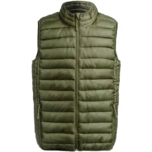 A green padded vest with a high collar and zip front, featuring side pockets and horizontal stitching.