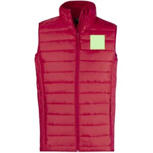 A red padded vest with a high neck and a front zippered closure. It features a logo on the upper left.