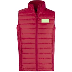 A red puffer vest with a high collar and a zip front, featuring an area for a logo or branding.