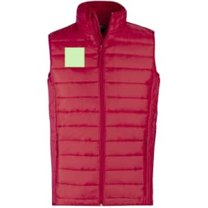 A red insulated vest with a high collar and zip front, featuring a blank patch for branding or personalisation.