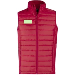 A red puffer vest with a zip closure and a high collar, featuring a logo on the front.