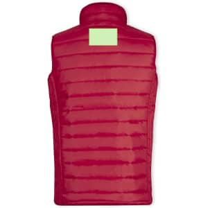 A red padded vest with a high collar and a blank area for branding on the back. It features a quilted design.
