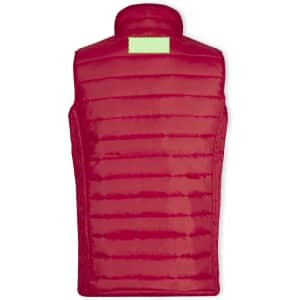A red padded vest with a high collar and a branding area on the back.