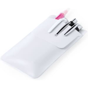A white pocket protector featuring three pens, one pink and two silver, with a sleek design and a logo.