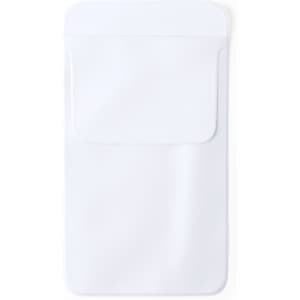 A white pocket protector with a single front pocket and a smooth finish, featuring a branding logo.