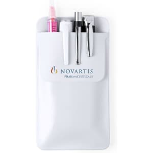 A white pocket protector containing pens and highlighters, featuring a logo on the front.