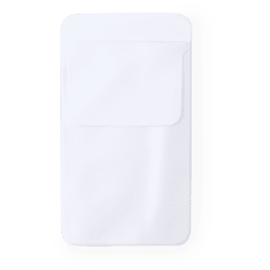 A white pocket protector featuring a front pocket and a smooth, sleek design. It includes a logo.