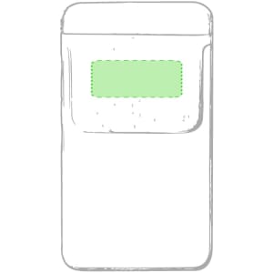 A white pocket protector with a green patch, designed for holding pens or small items. It features a logo.