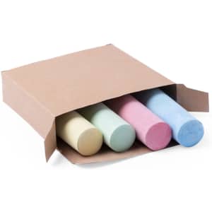 A box containing four large chalk sticks in pastel colours: pink, blue, green, and yellow.