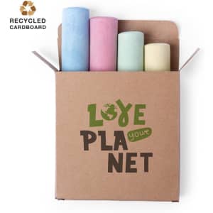 A cardboard box containing four colourful chalk sticks in blue, pink, yellow, and a light green, with a logo.