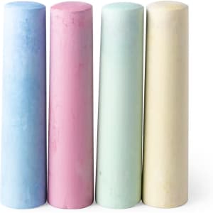 A set of four chalk sticks in pastel colours: blue, pink, green, and yellow. Each stick is cylindrical and smooth.