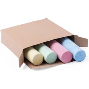 A cardboard box containing four pastel-coloured chalk sticks: yellow, green, pink, and blue. The box is partially open.
