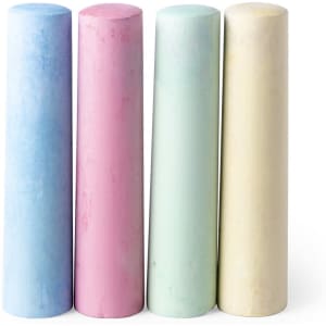 A set of four large chalk sticks in blue, pink, green, and yellow hues. The product has a logo.