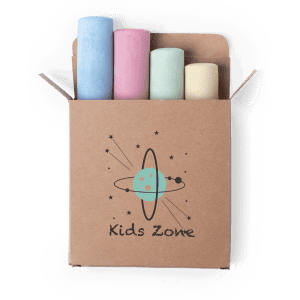 A cardboard box containing pastel-coloured chalk sticks in blue, pink, green, and yellow, featuring a logo.