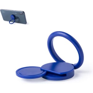 A blue phone stand with a circular holder and a flat base, designed for mobile devices, featuring a logo.