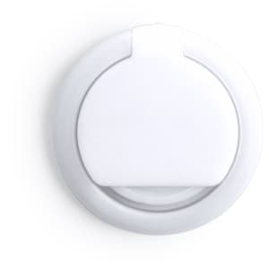 A white phone stand with a circular design, featuring a logo in the centre.