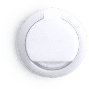 A white phone stand with a circular design, featuring a branding logo on its surface.