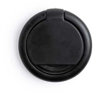 A black phone stand with a circular design featuring a logo on its surface.