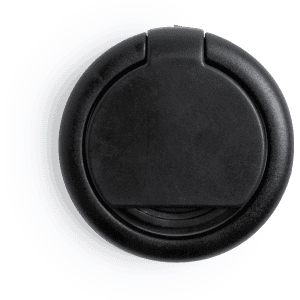 A black phone holder with a circular design and a smooth surface, featuring a discreet logo.