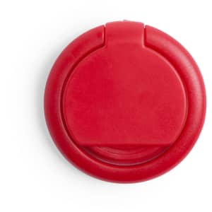 A red phone stand with a circular design and a central clasp feature. It has a logo on the surface.