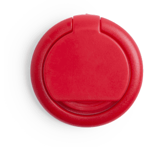A circular red phone stand with a smooth finish and a slight indentation on top, featuring a logo.