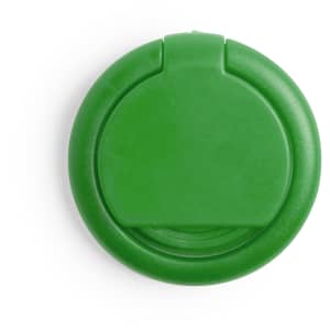 A green phone stand with a round design, featuring a logo on its surface.