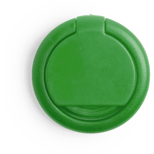 A green phone holder with a circular design and a slot for device support, featuring a smooth surface.