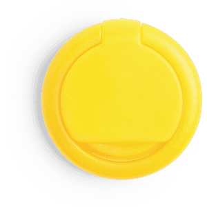 A bright yellow phone stand with a circular design and a small branding logo on the surface.