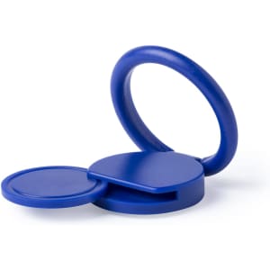 A blue phone stand featuring a circular base and a ring for stability, designed for mobile devices.
